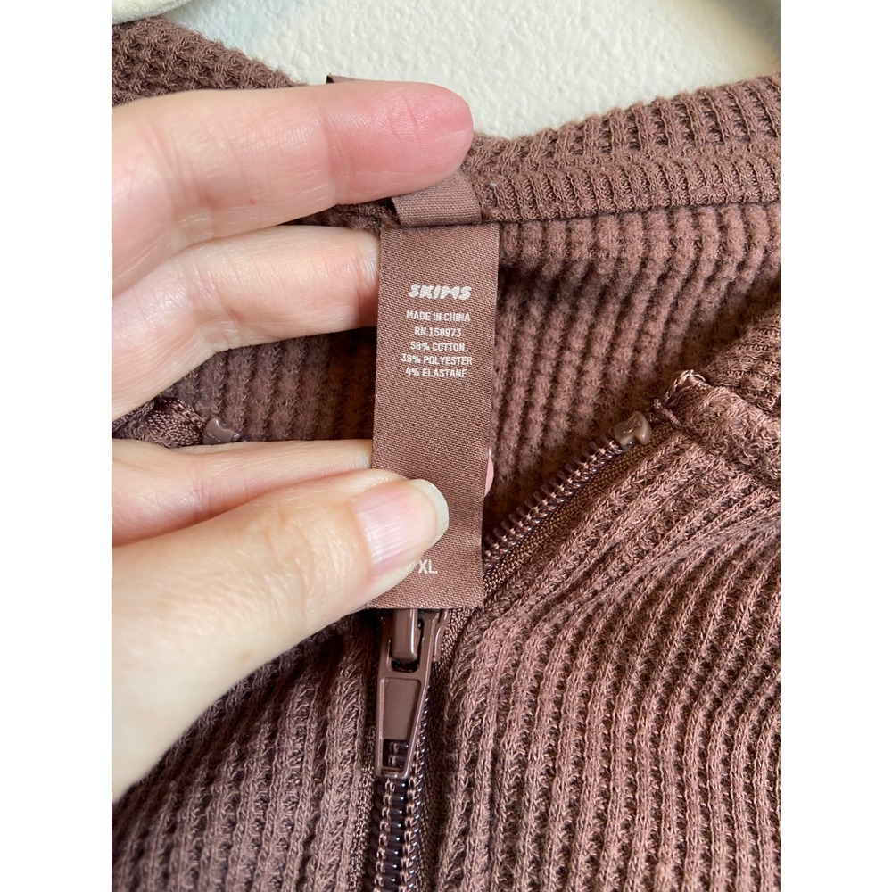 SKIMS Waffle Knit Zip Up Hoodie Rose Clay Brown Cropped Thermal XL - Picture 3 of 6